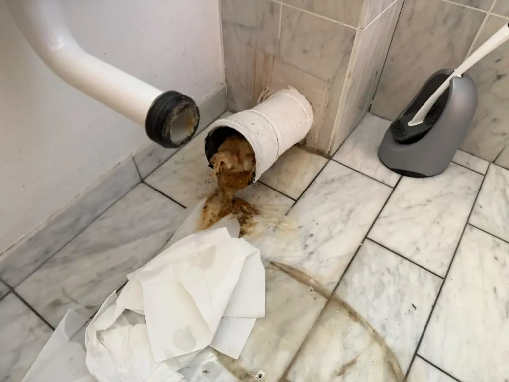 WC verstopft in Karlsruhe: abmontierter WC-Anschluss mit Papier- und Tücherresten